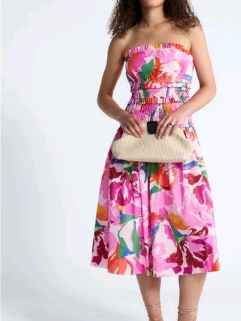Free Assembly Pink Floral Midi Dress with Green Leaf Accents